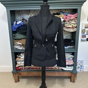 Banana Republic Womens Sz 0 Black Linen Cotton Blend Blazer Jacket Office Career